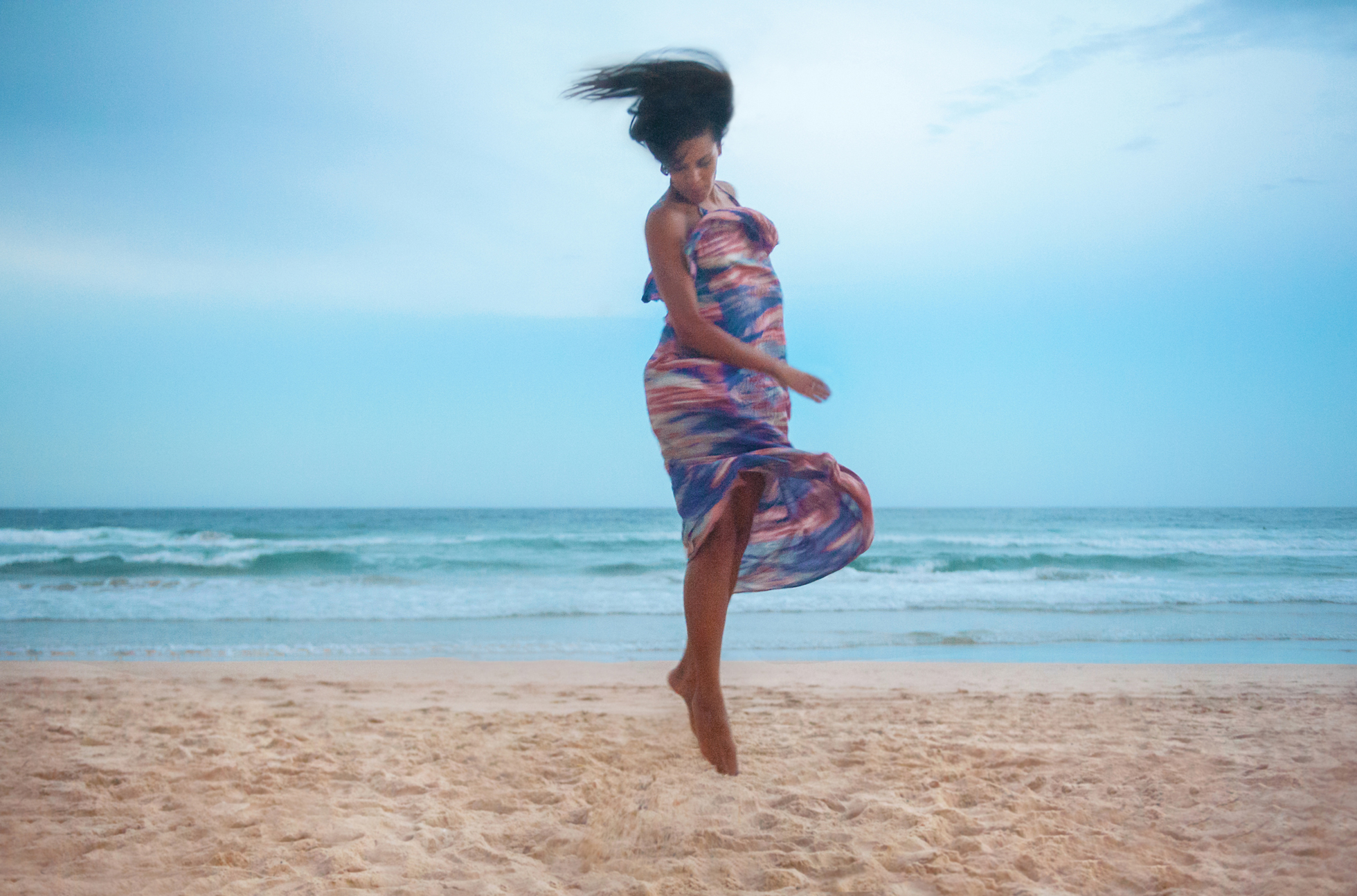 ocean sydney dance motion dress pink blue beach dark clouds aust